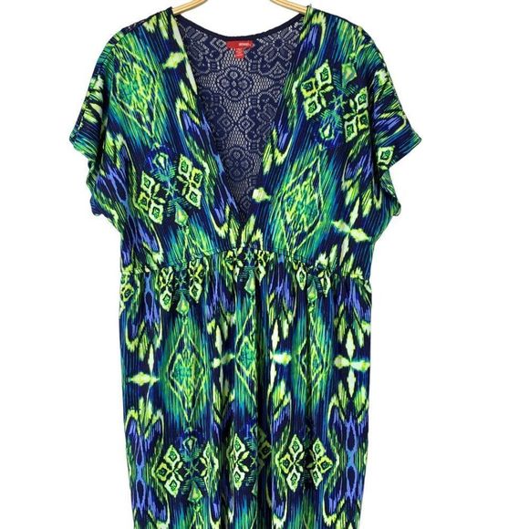 Bongo Size 1X Plus Jr Maxi Dress Tribal Athnic Print Vneck Plunge Short Sleeve 4 - Picture 2 of 10